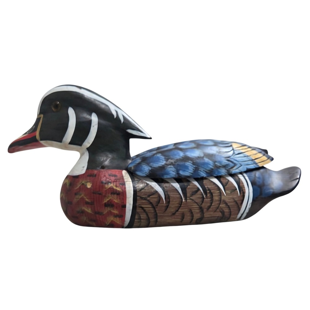Vintage Hand Painted Wood Wooden Duck Drake Decoy Lidded Trinket Box Carved Bird